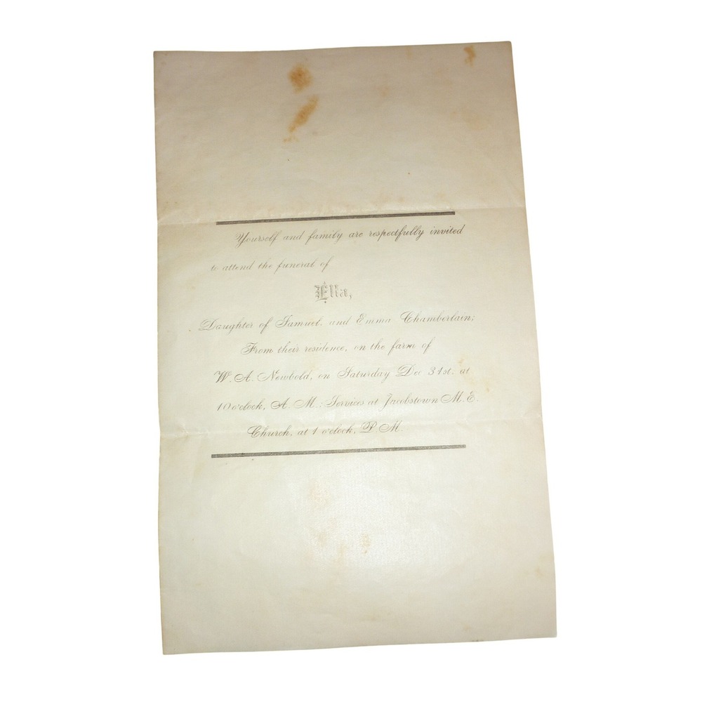1800s Funeral Invitation Ella Chamberlain Jacobstown NJ Newbold Farm Ephemera‎